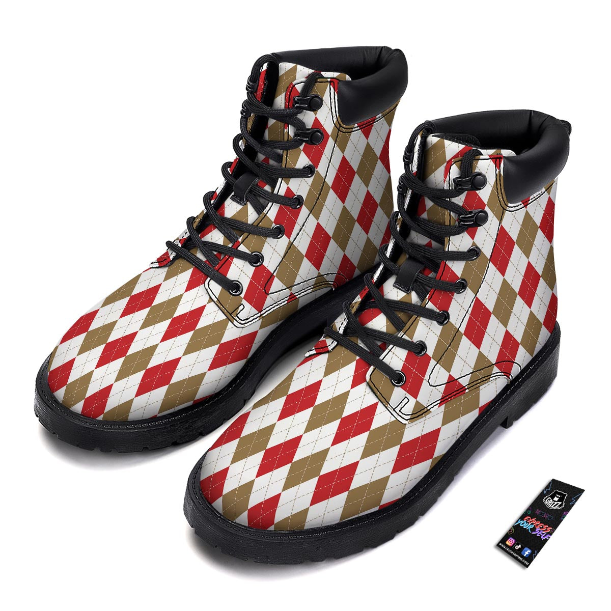 White Red And Beige Argyle Print Pattern Boots-grizzshop