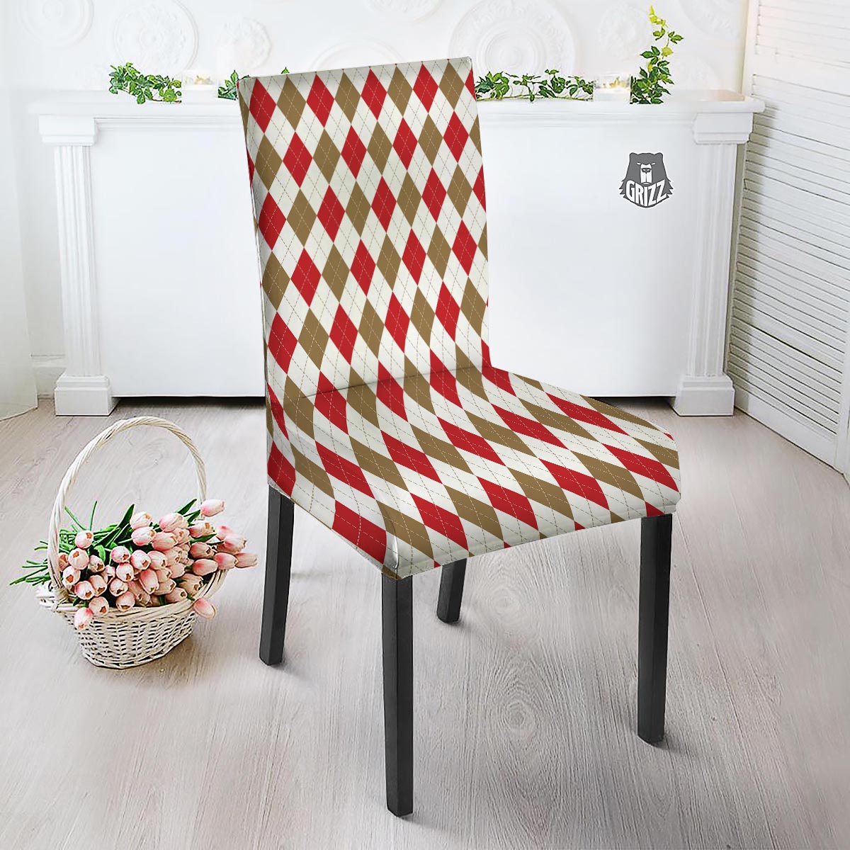 White Red And Beige Argyle Print Pattern Dining Chair Slipcover-grizzshop