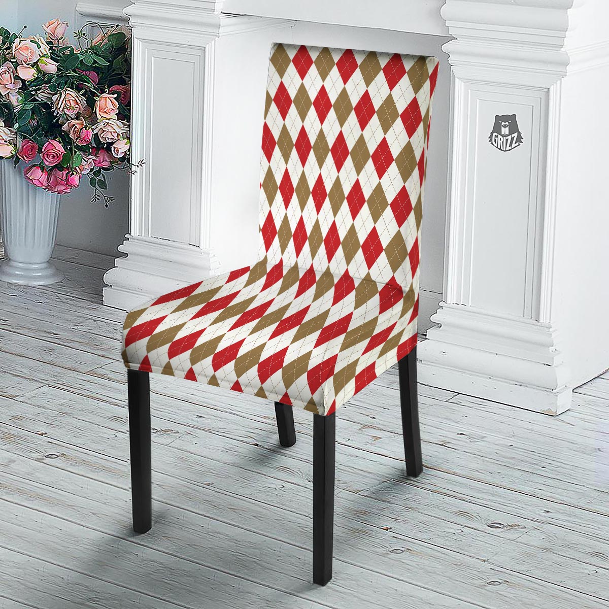 White Red And Beige Argyle Print Pattern Dining Chair Slipcover-grizzshop