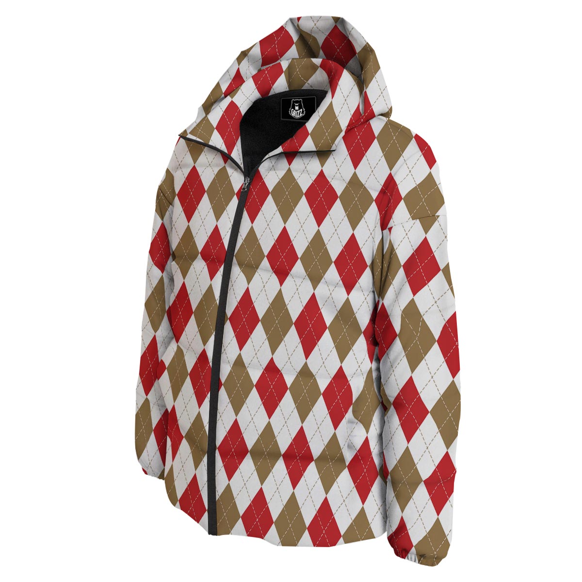 White Red And Beige Argyle Print Pattern Down Jacket-grizzshop