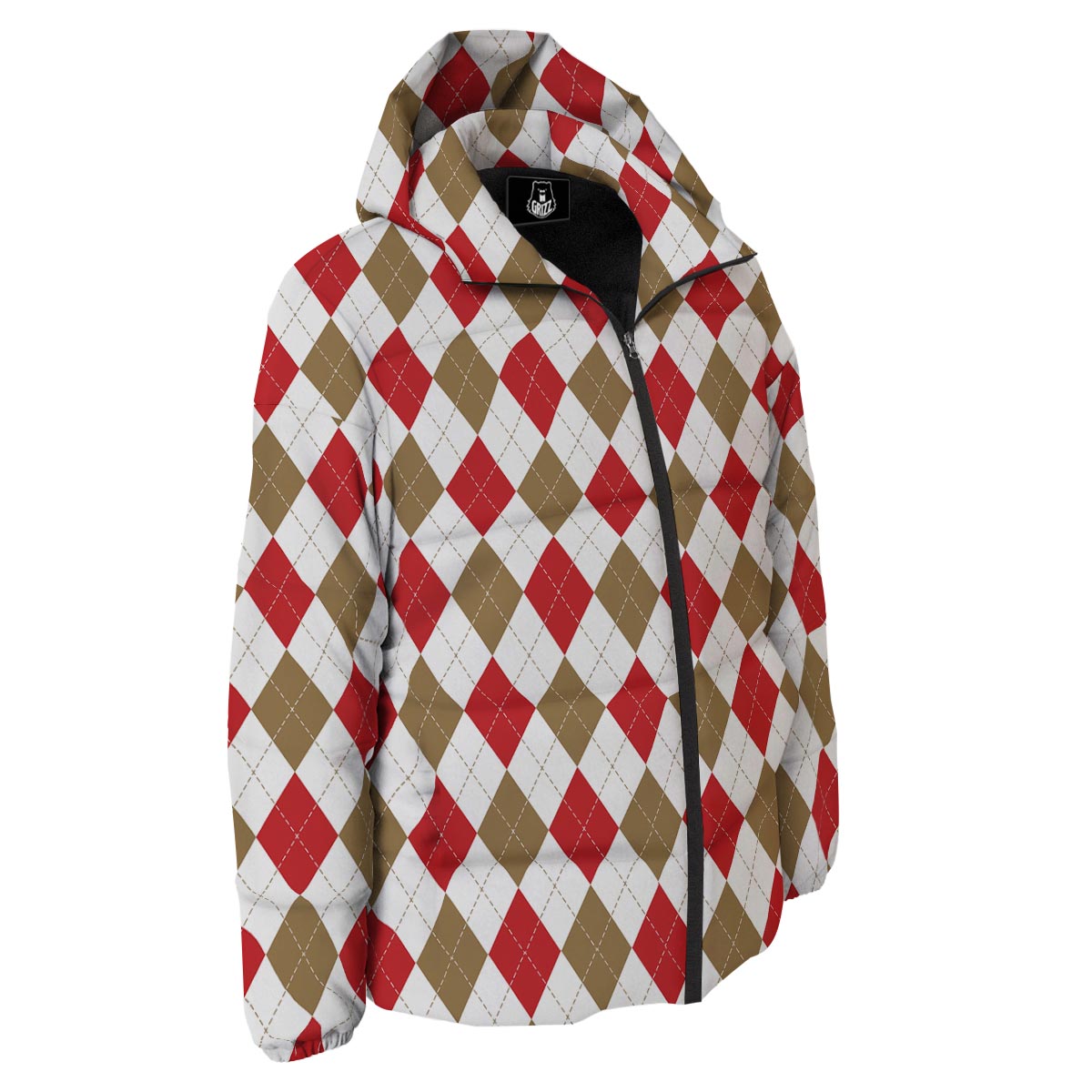 White Red And Beige Argyle Print Pattern Down Jacket-grizzshop