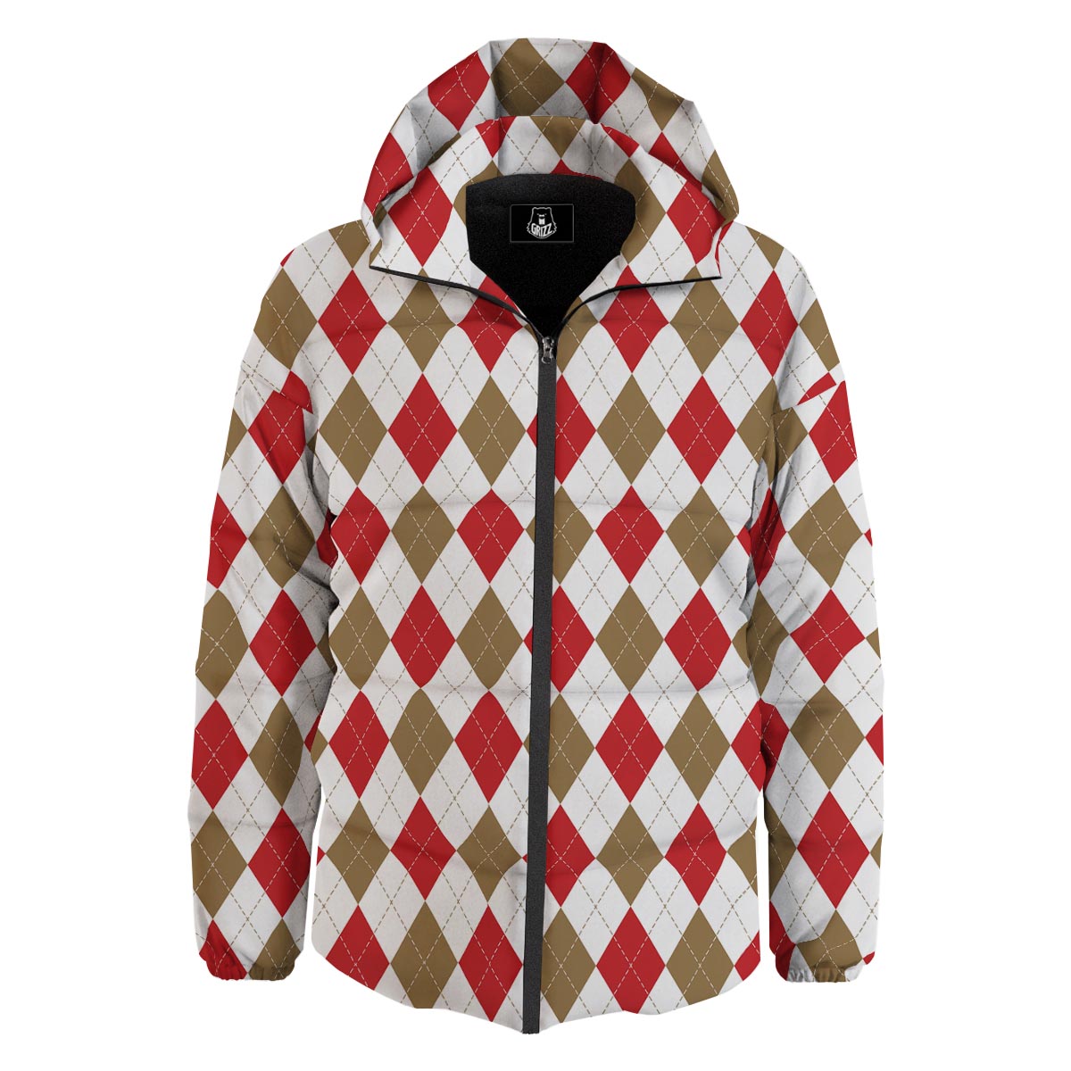 White Red And Beige Argyle Print Pattern Down Jacket-grizzshop