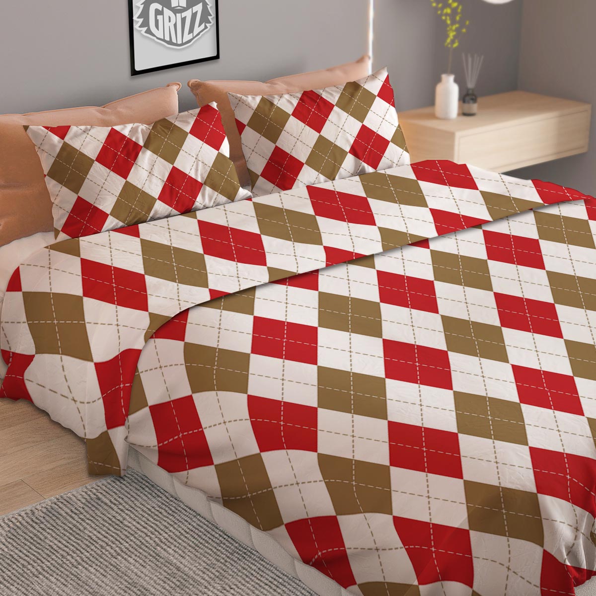 White Red And Beige Argyle Print Pattern Duvet Cover Bedding Set