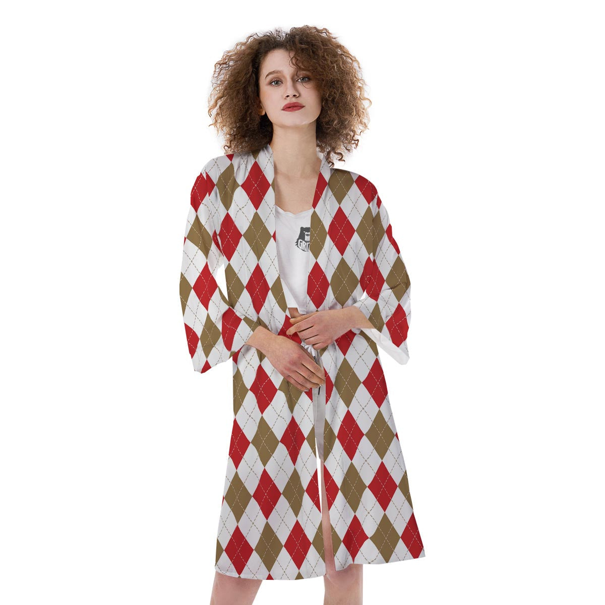 White Red And Beige Argyle Print Pattern Kimono-grizzshop