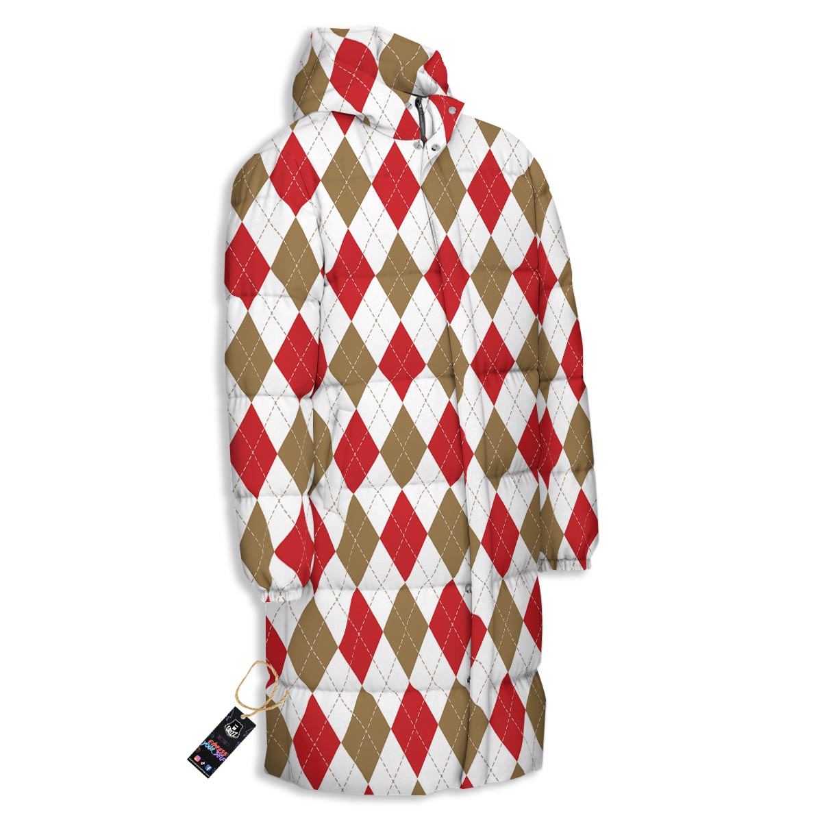 White Red And Beige Argyle Print Pattern Long Down Jacket-grizzshop