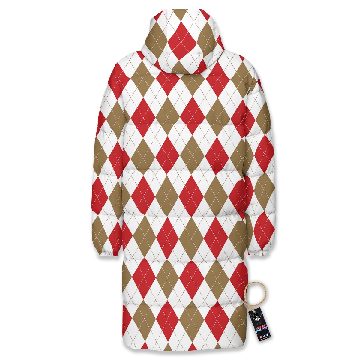 White Red And Beige Argyle Print Pattern Long Down Jacket-grizzshop