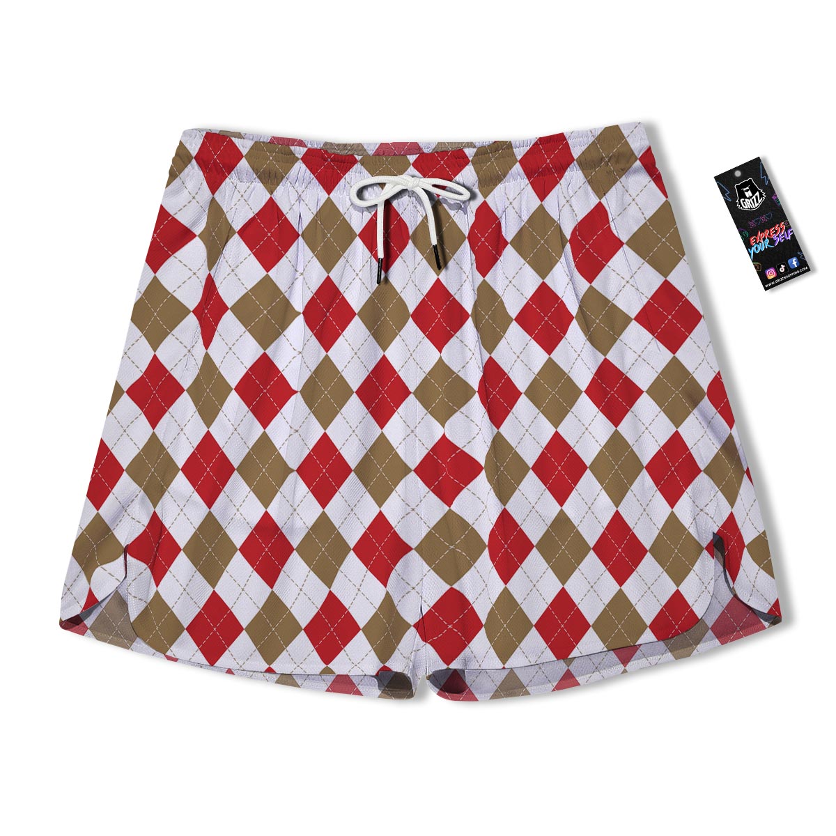 White Red And Beige Argyle Print Pattern Men's Running Shorts-grizzshop