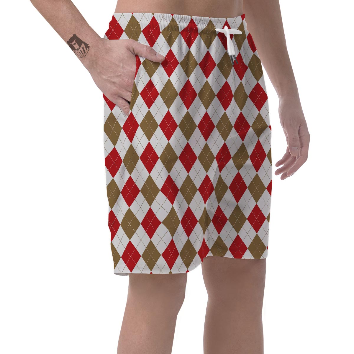 White Red And Beige Argyle Print Pattern Men's Shorts-grizzshop