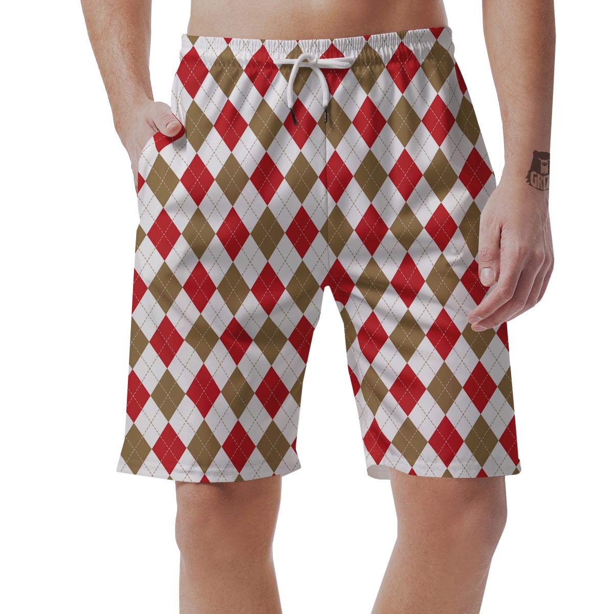 White Red And Beige Argyle Print Pattern Men's Shorts-grizzshop
