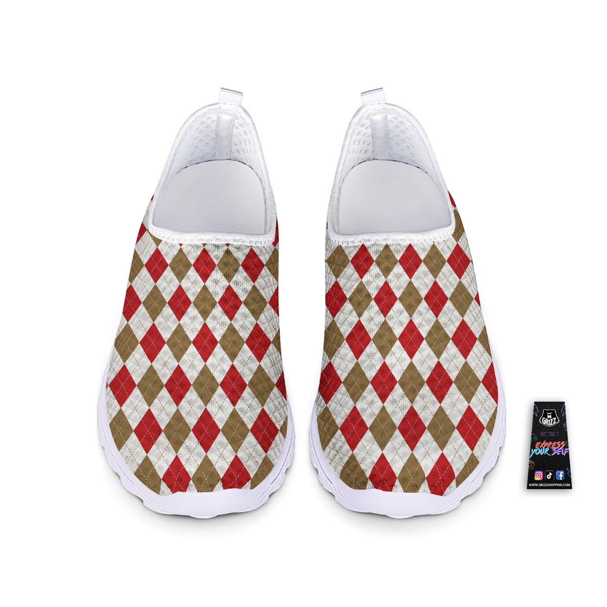 White Red And Beige Argyle Print Pattern Nurse Shoes-grizzshop