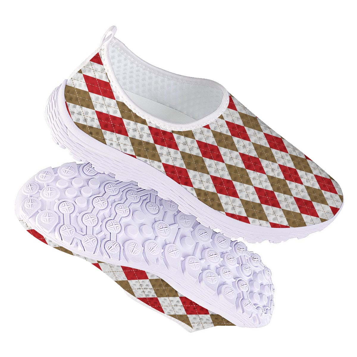 White Red And Beige Argyle Print Pattern Nurse Shoes-grizzshop