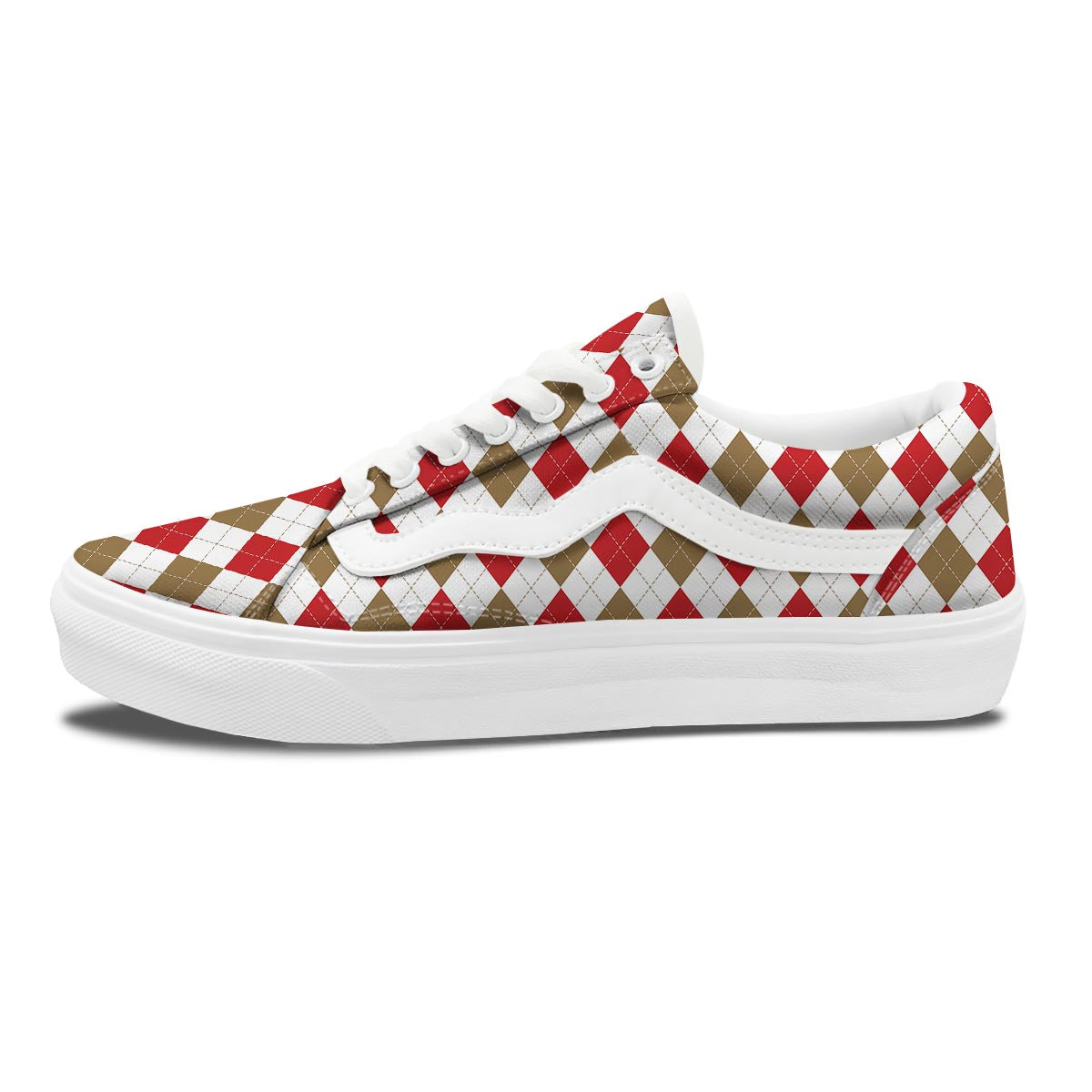 White Red And Beige Argyle Print Pattern Skate Shoes-grizzshop