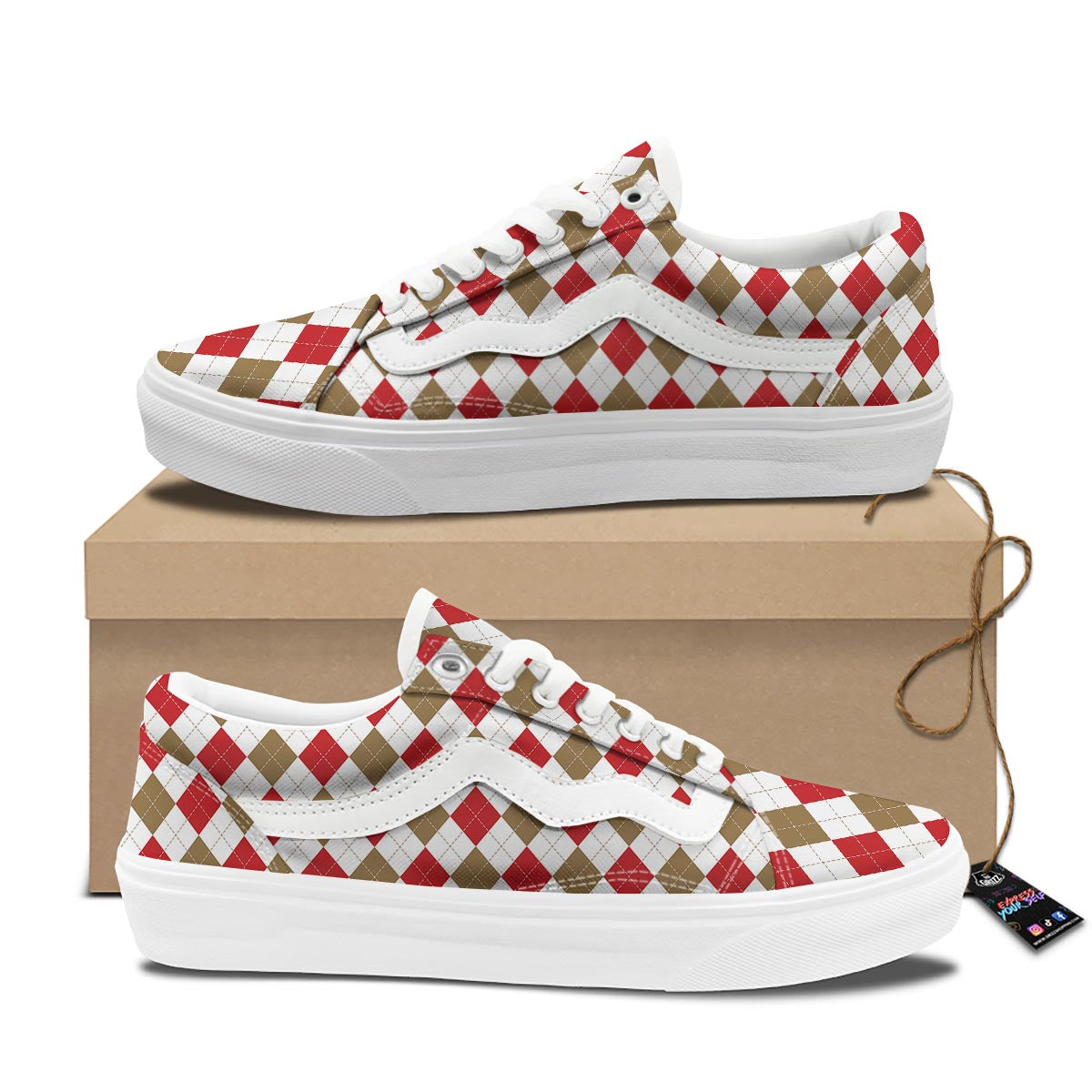 White Red And Beige Argyle Print Pattern Skate Shoes-grizzshop