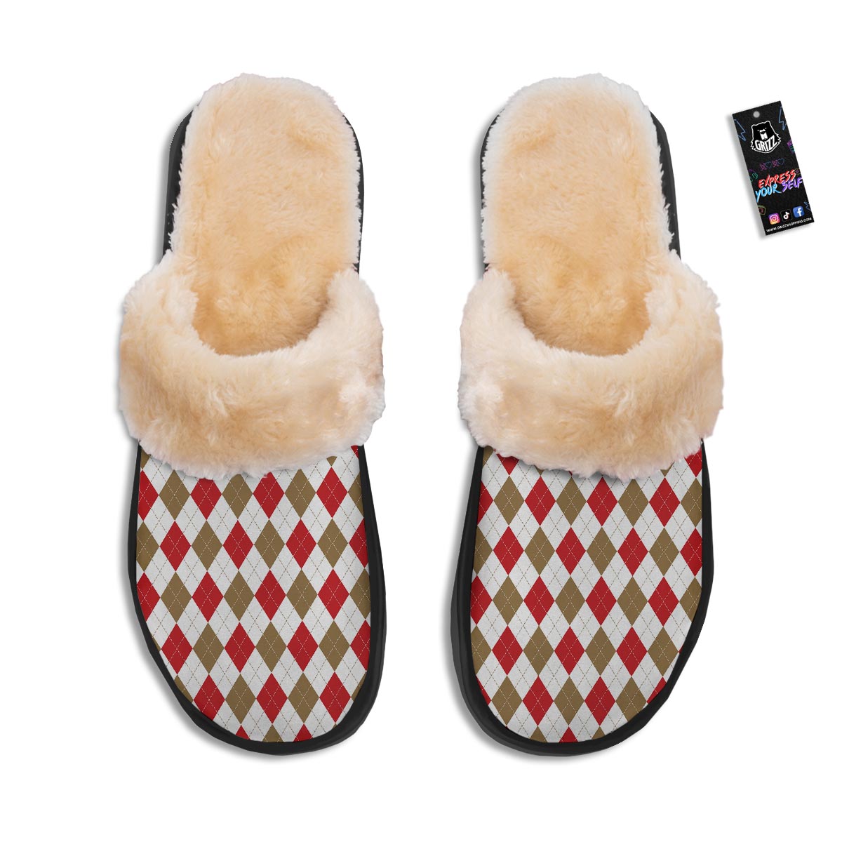 White Red And Beige Argyle Print Pattern Slippers-grizzshop