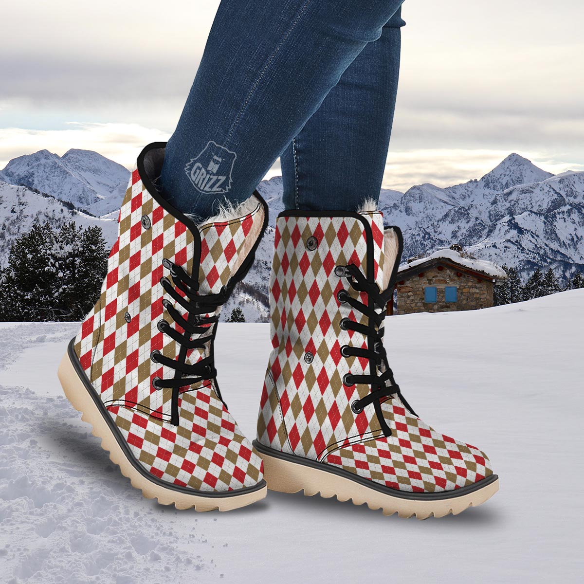 White Red And Beige Argyle Print Pattern Snow Boots-grizzshop
