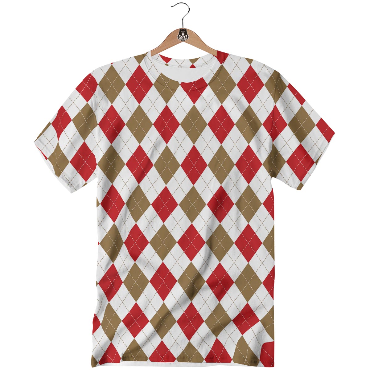White Red And Beige Argyle Print Pattern T-Shirt-grizzshop