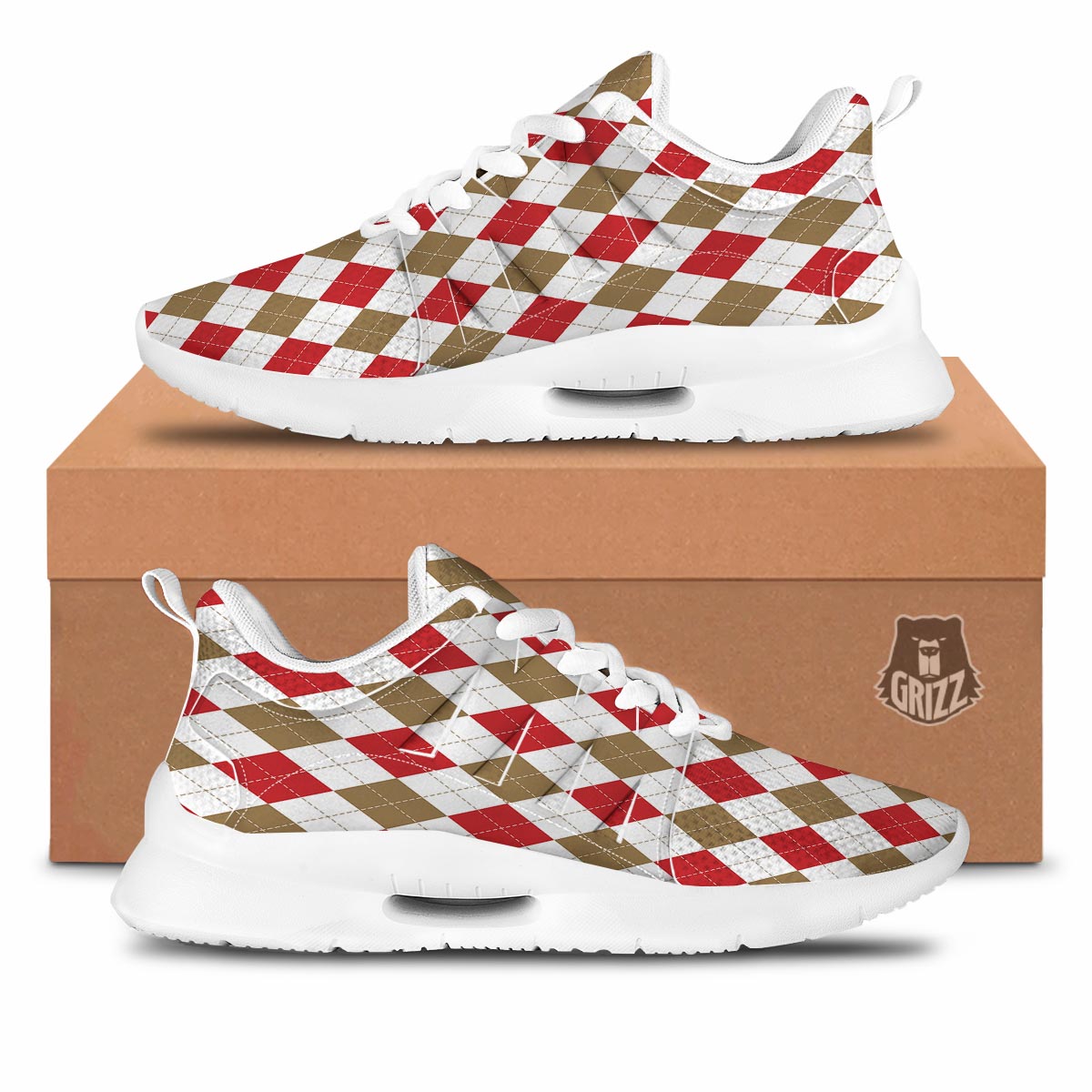 White Red And Beige Argyle Print Pattern Tennis Shoes-grizzshop