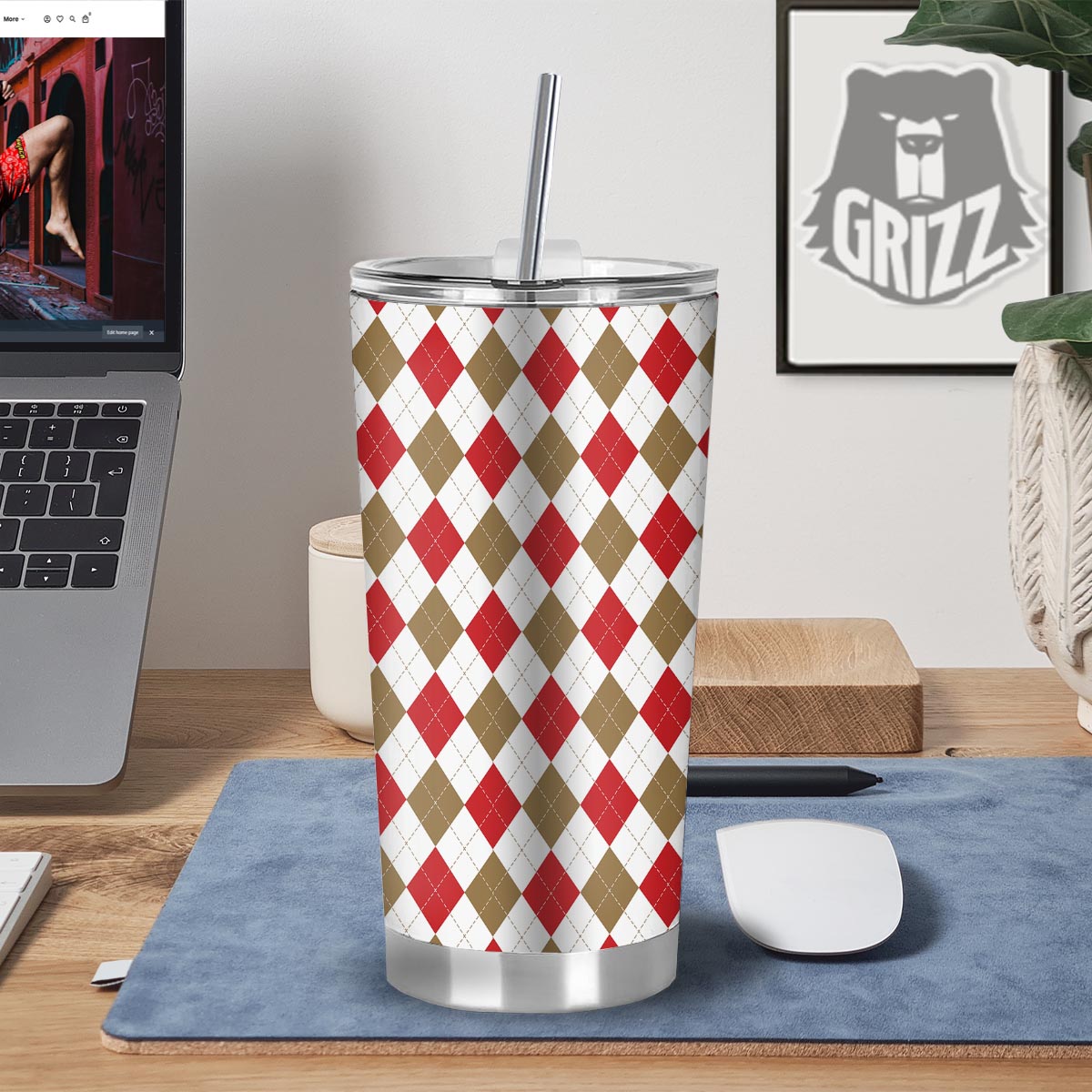 White Red And Beige Argyle Print Pattern Tumbler-grizzshop