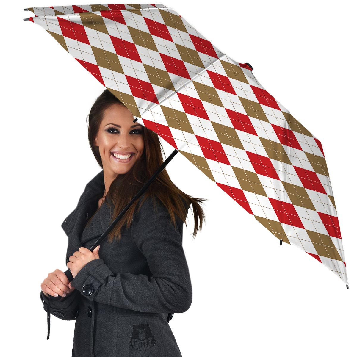 White Red And Beige Argyle Print Pattern Umbrella-grizzshop