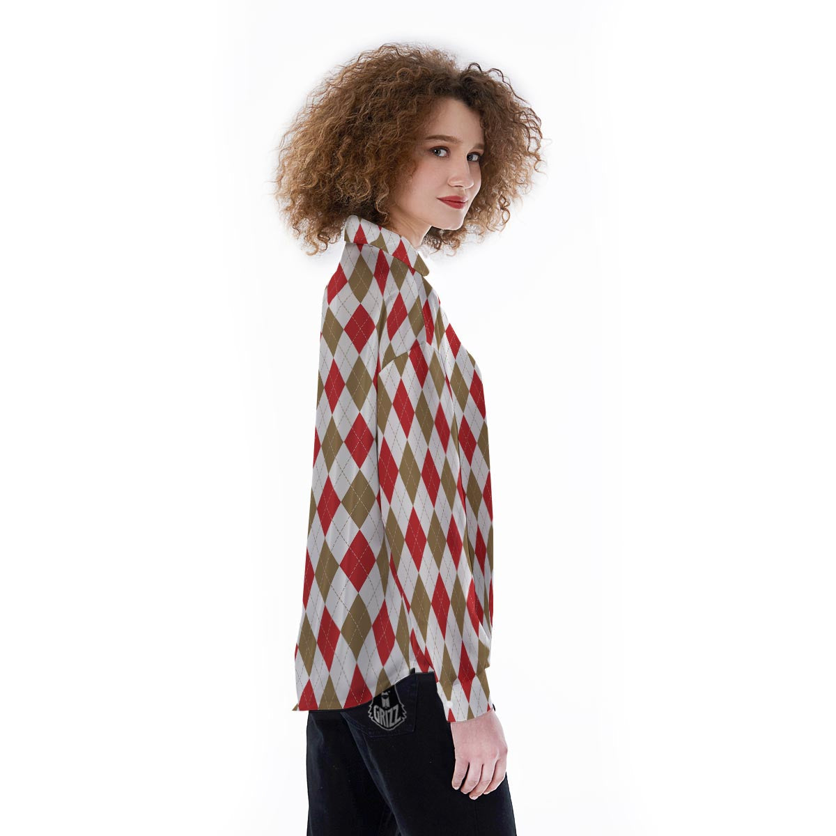 White Red And Beige Argyle Print Pattern Women's Long Sleeve Shirts-grizzshop