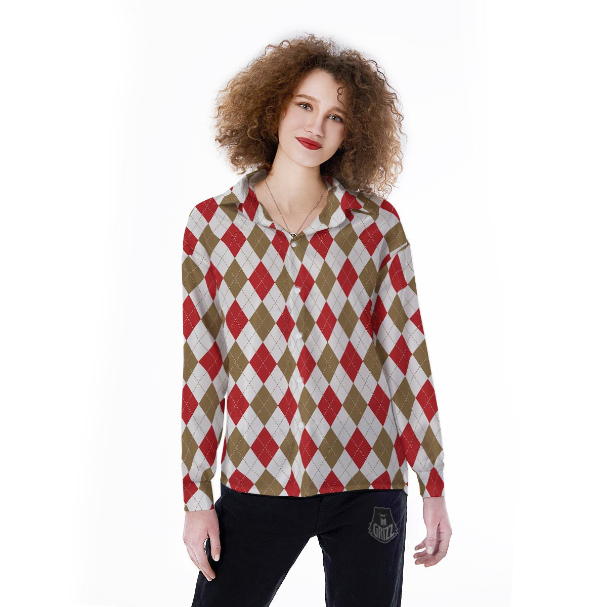 White Red And Beige Argyle Print Pattern Women's Long Sleeve Shirts-grizzshop