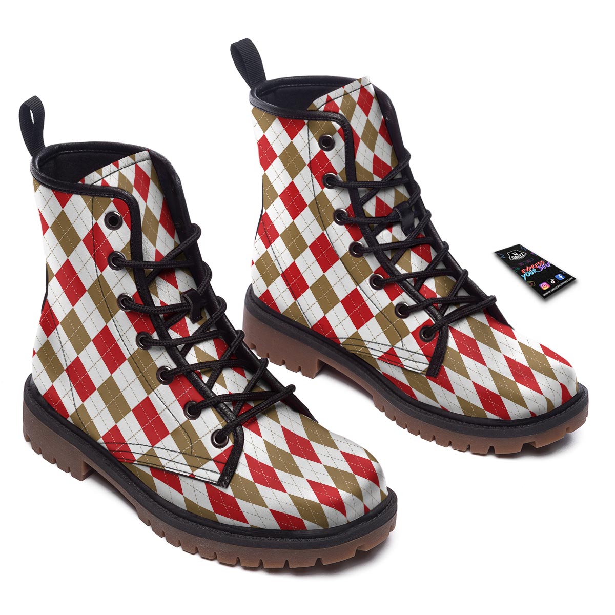 White Red And Beige Argyle Print Pattern Work Boots-grizzshop
