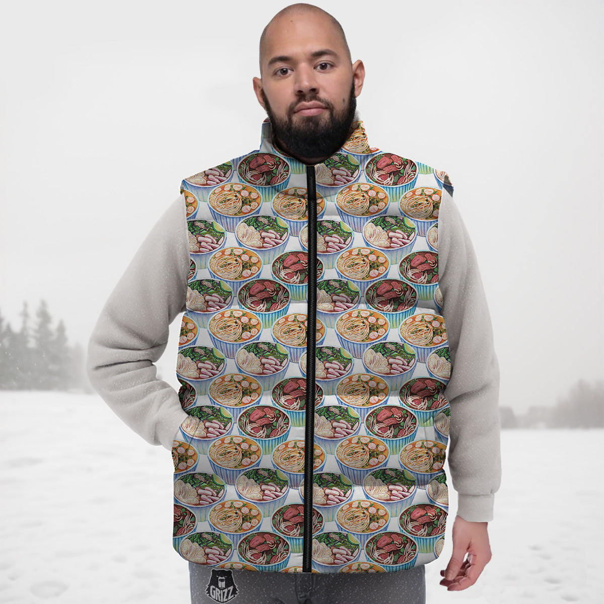 Watercolor Vietnamese Pho Print Pattern Down Vest