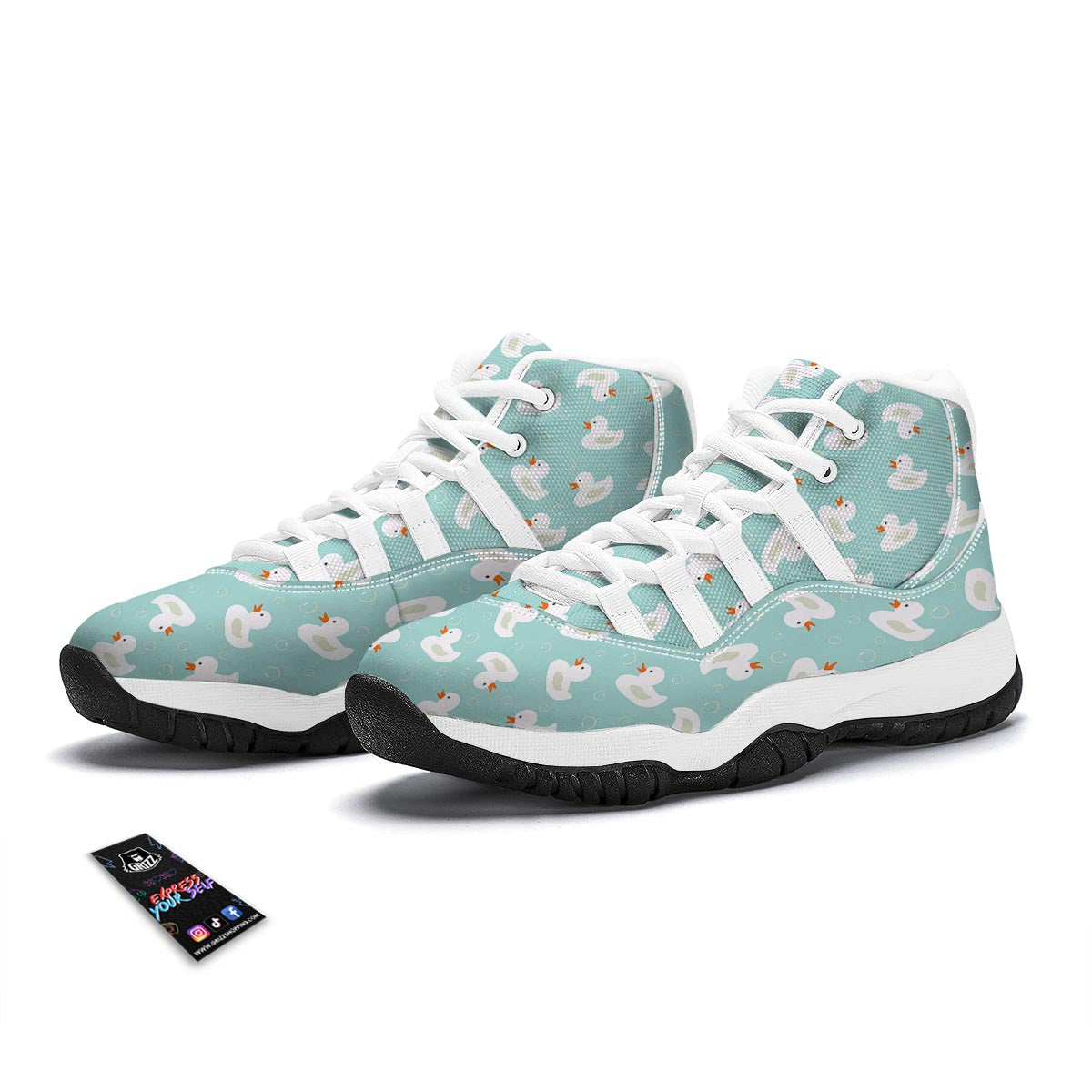 White Rubber Duck Pattern Print White Bball Shoes-grizzshop