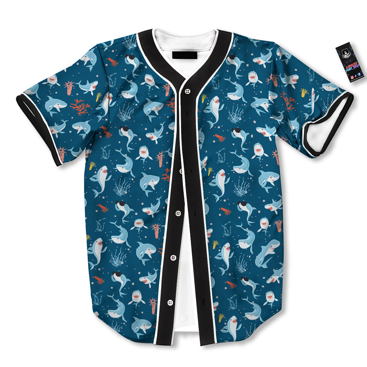 White Shark Cartoon Print Pattern Baseball Jersey-grizzshop
