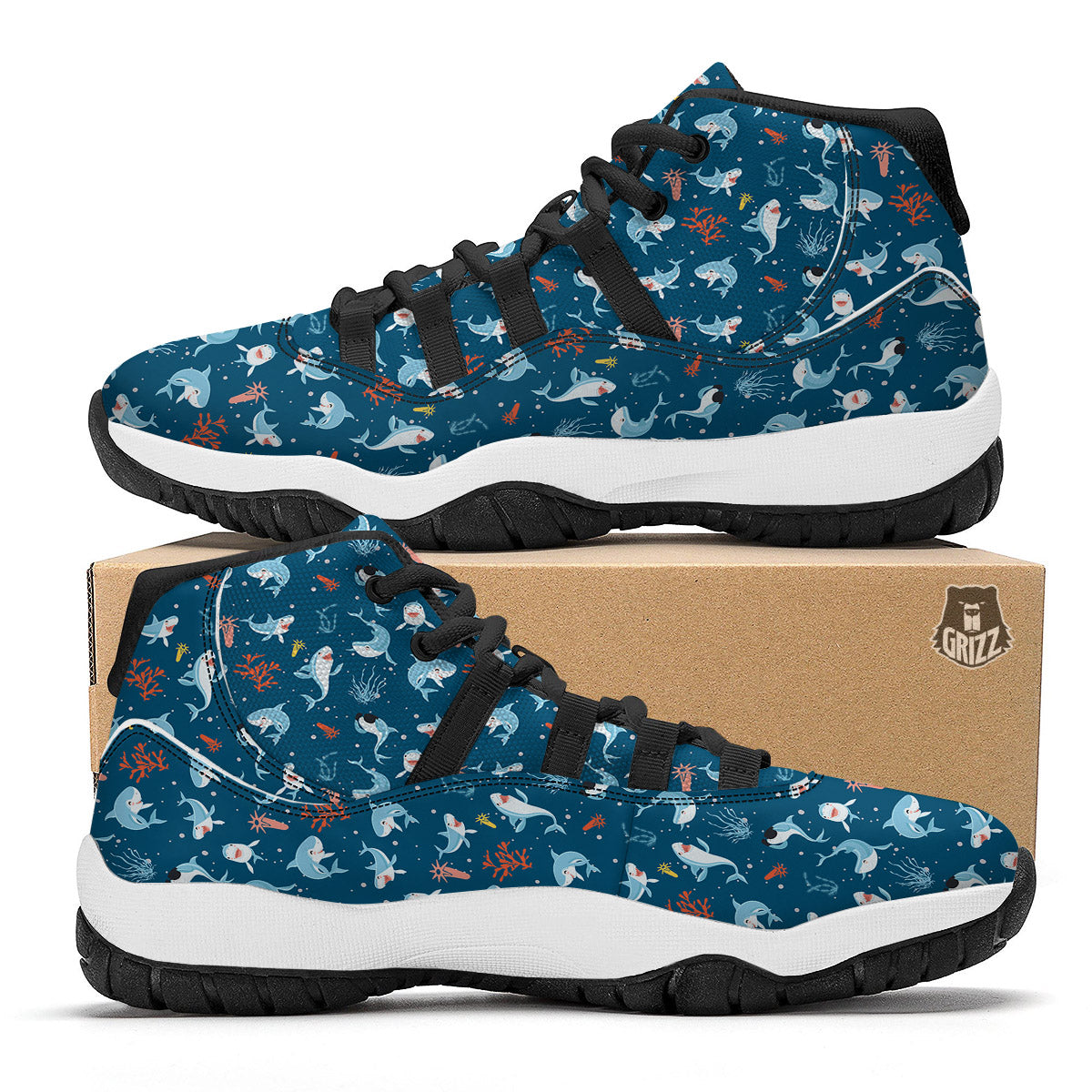 White Shark Cartoon Print Pattern Black Bball Shoes-grizzshop