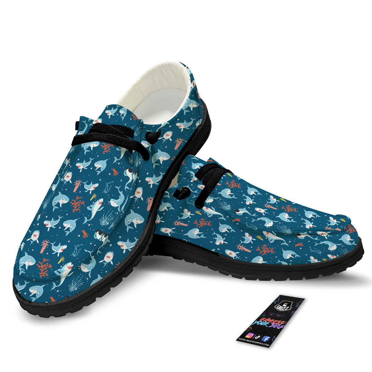 White Shark Cartoon Print Pattern Black Loafers-grizzshop