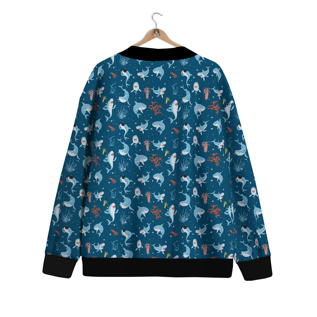 White Shark Cartoon Print Pattern Cardigan-grizzshop