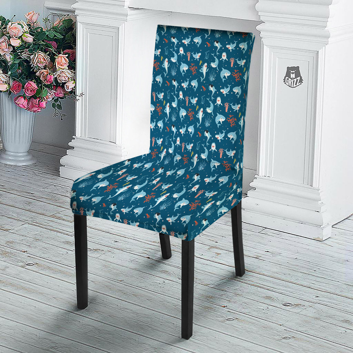 White Shark Cartoon Print Pattern Dining Chair Slipcover-grizzshop