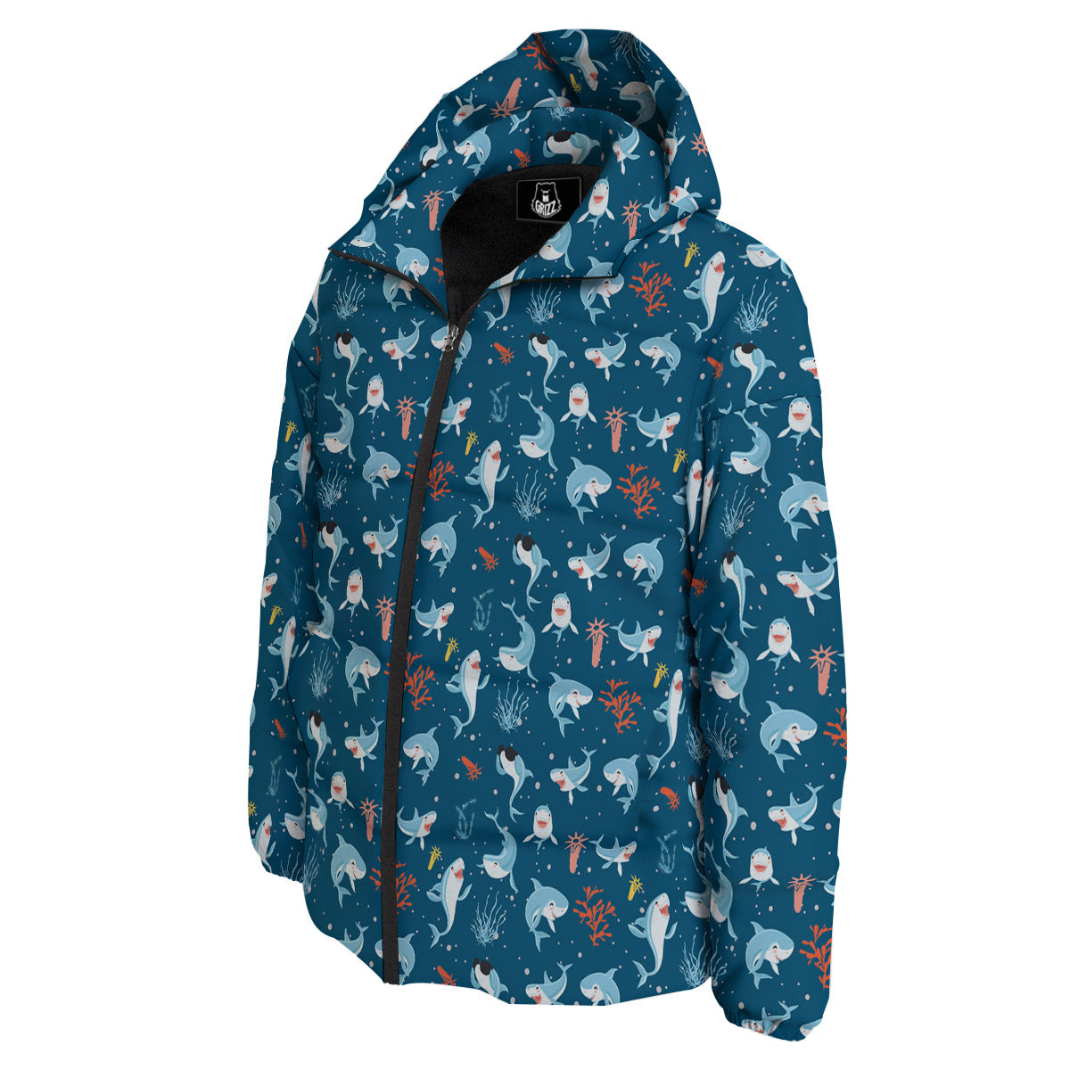 White Shark Cartoon Print Pattern Down Jacket-grizzshop