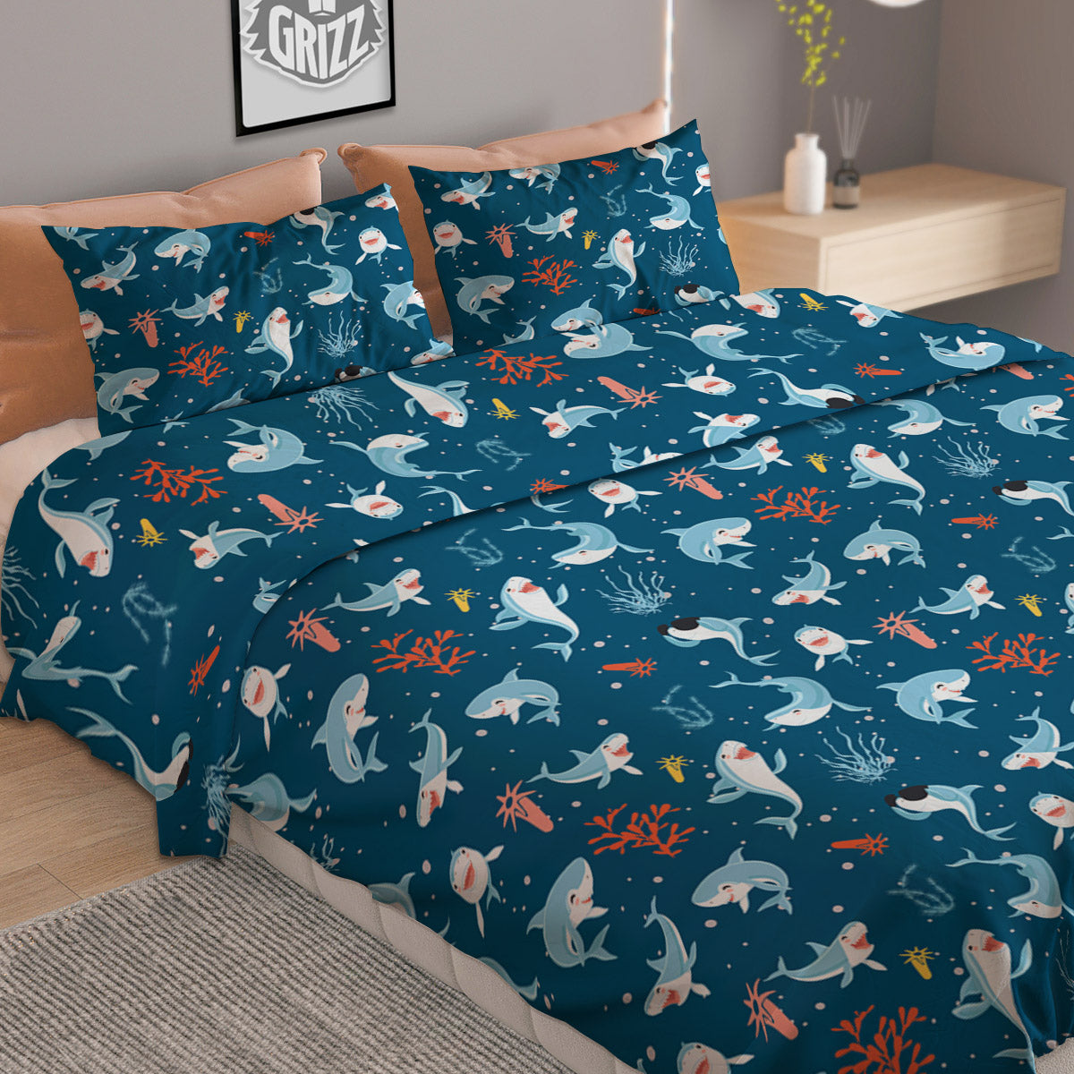 White Shark Cartoon Print Pattern Duvet Cover Bedding Set