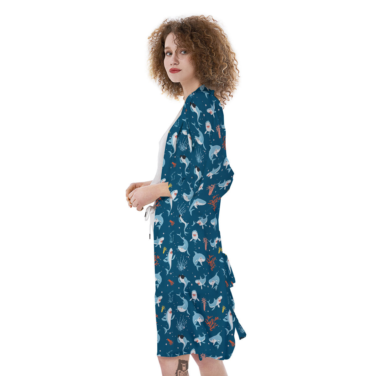 White Shark Cartoon Print Pattern Kimono-grizzshop