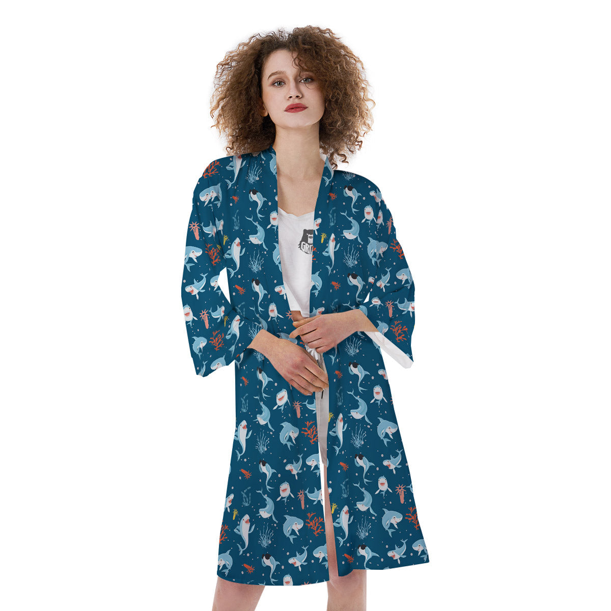 White Shark Cartoon Print Pattern Kimono-grizzshop
