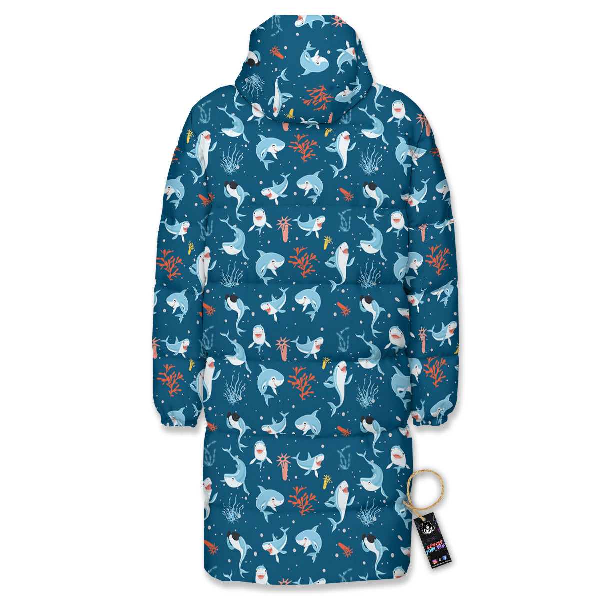 White Shark Cartoon Print Pattern Long Down Jacket-grizzshop