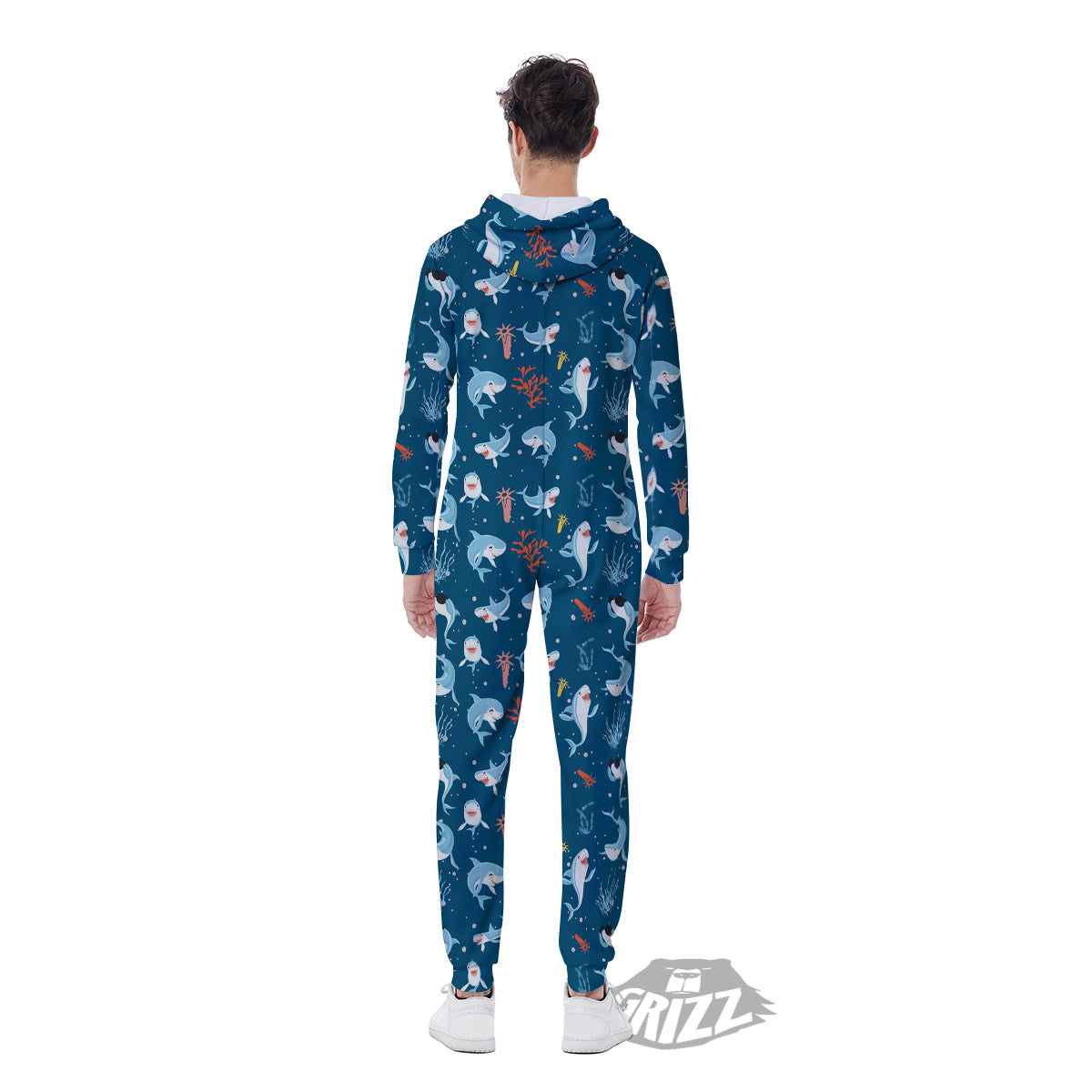 White Shark Cartoon Print Pattern Men's Jumpsuit-grizzshop