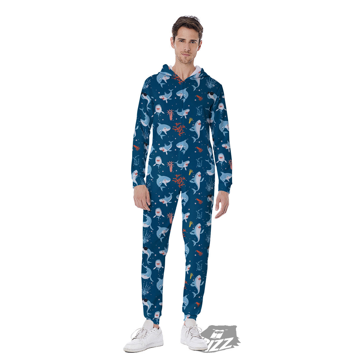 White Shark Cartoon Print Pattern Men's Jumpsuit-grizzshop