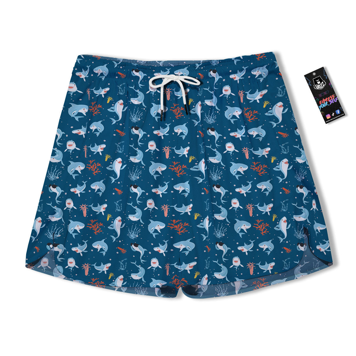 White Shark Cartoon Print Pattern Men's Running Shorts-grizzshop