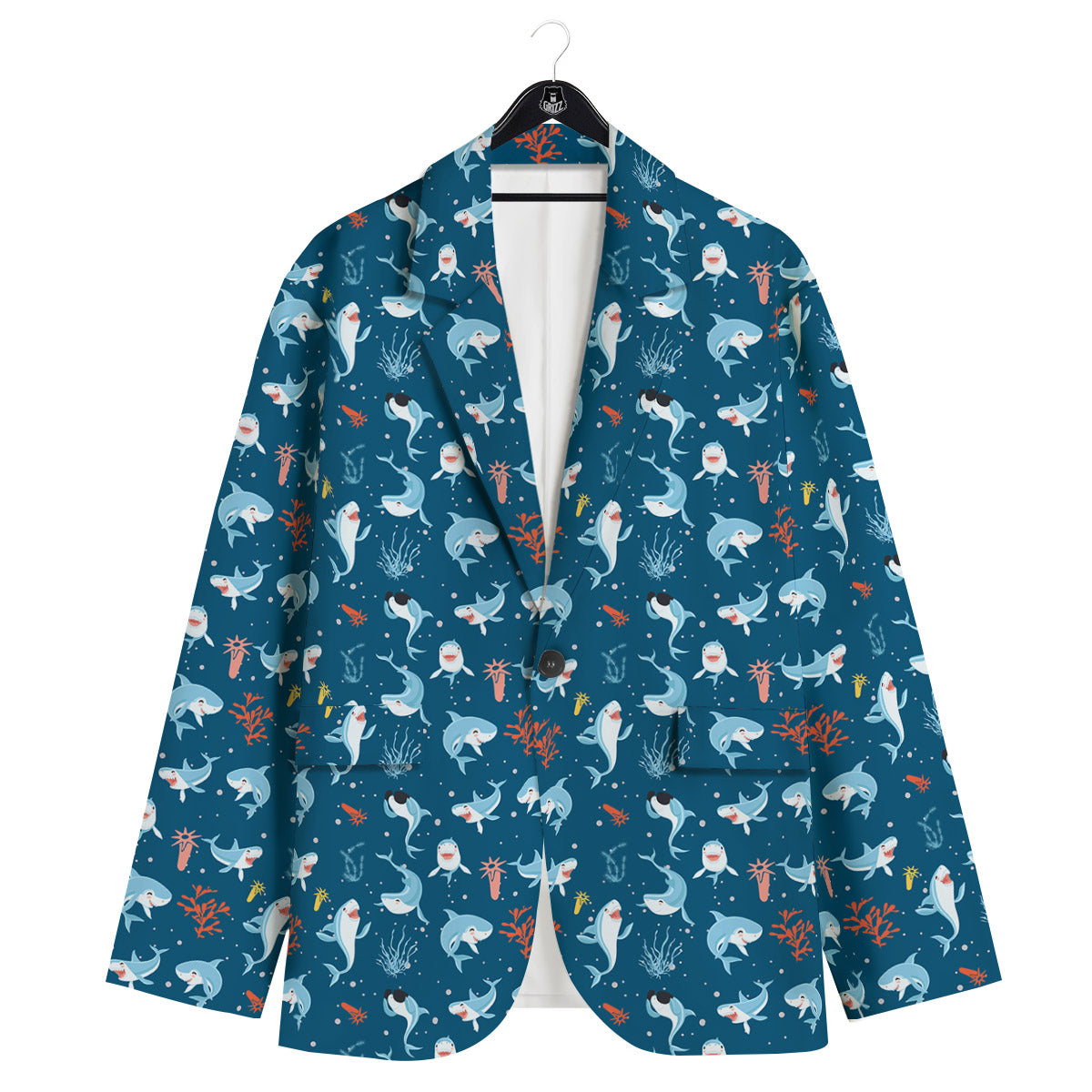 White Shark Cartoon Print Pattern Men's Sport Coat-grizzshop