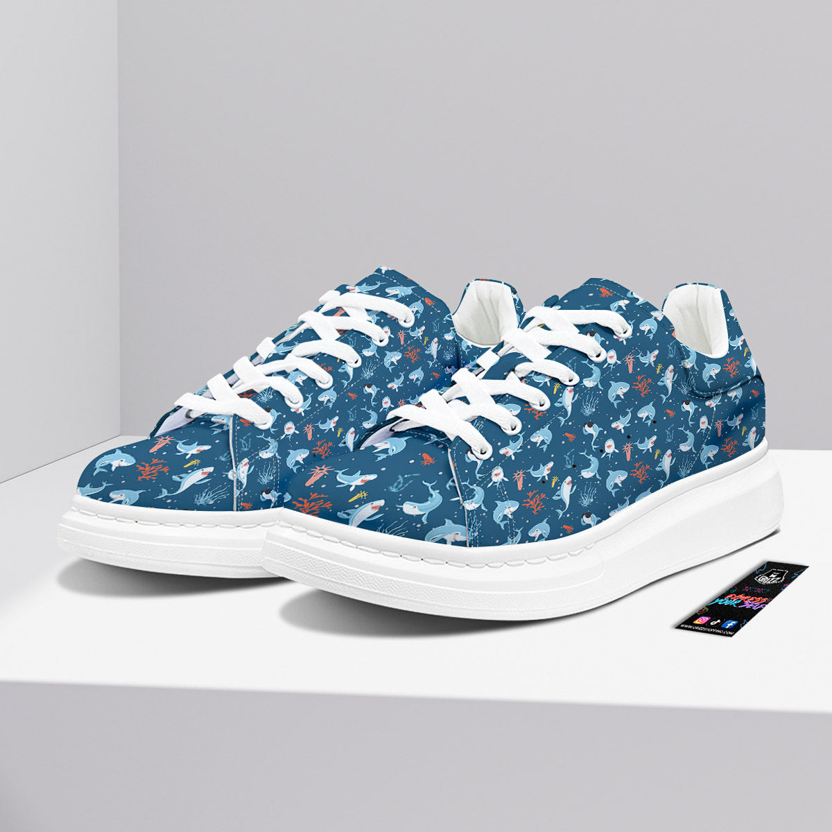 White Shark Cartoon Print Pattern Platform Shoes-grizzshop