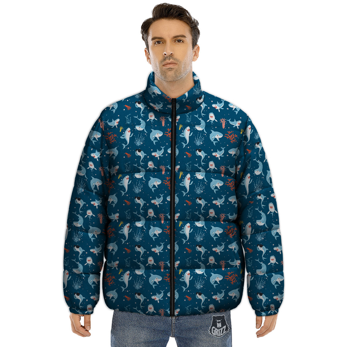 White Shark Cartoon Print Pattern Puffer Jacket-grizzshop