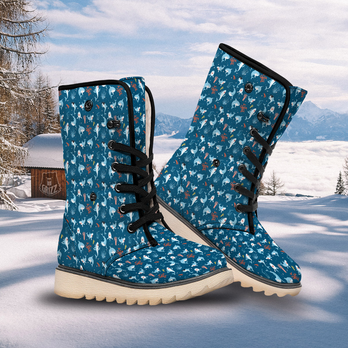 White Shark Cartoon Print Pattern Snow Boots-grizzshop