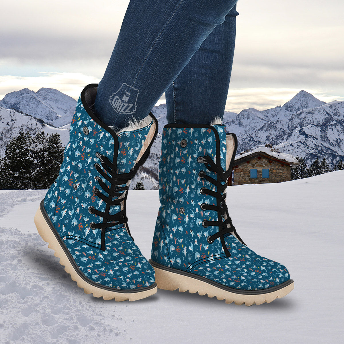 White Shark Cartoon Print Pattern Snow Boots-grizzshop