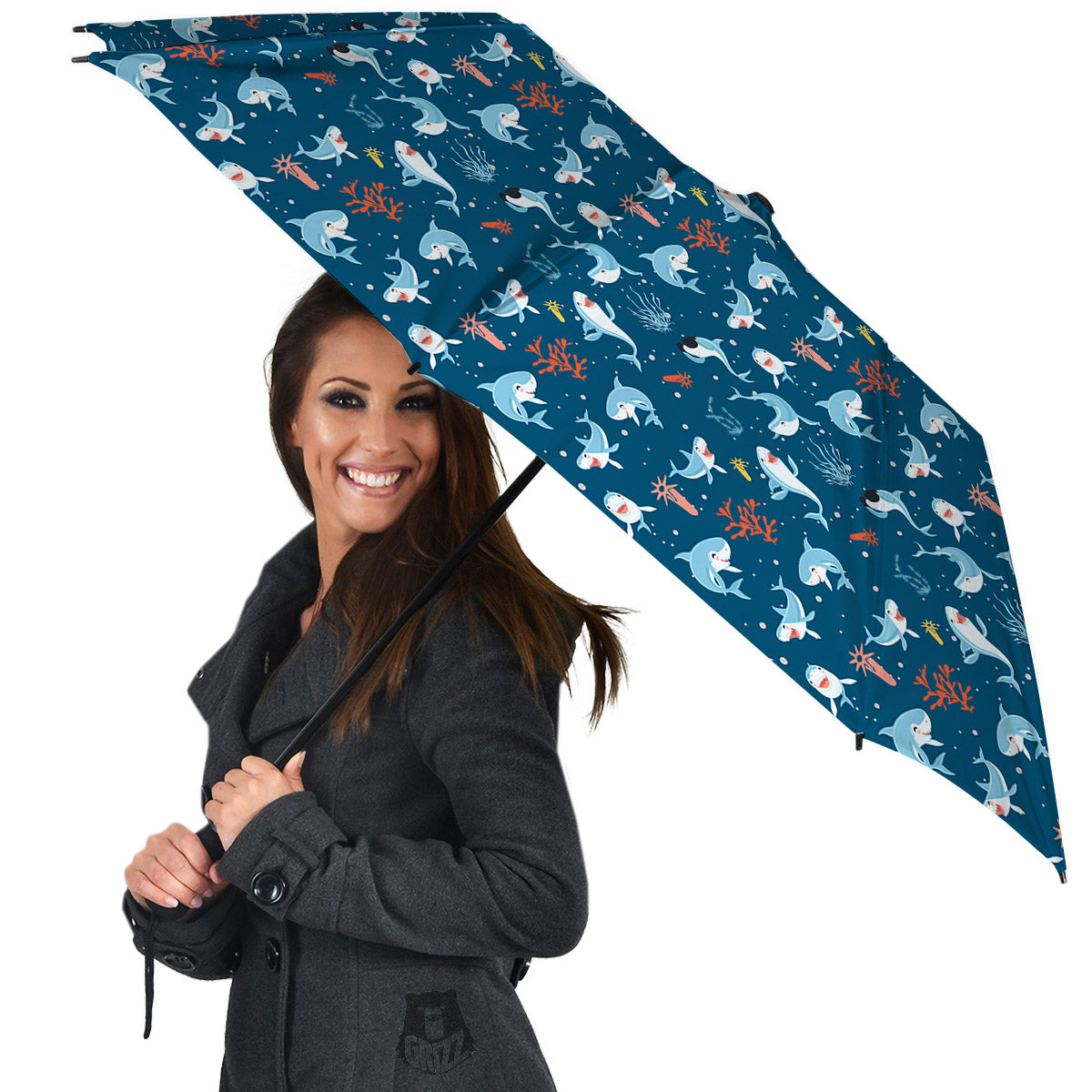 White Shark Cartoon Print Pattern Umbrella-grizzshop