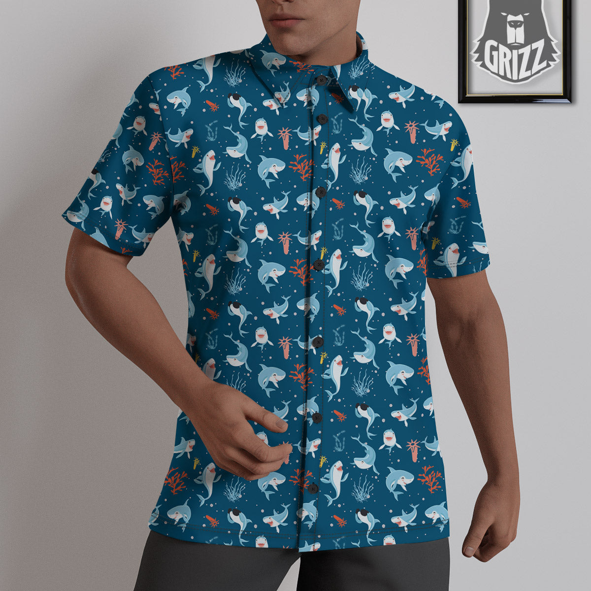 White Shark Cartoon Print Pattern Untucked Shirts-grizzshop