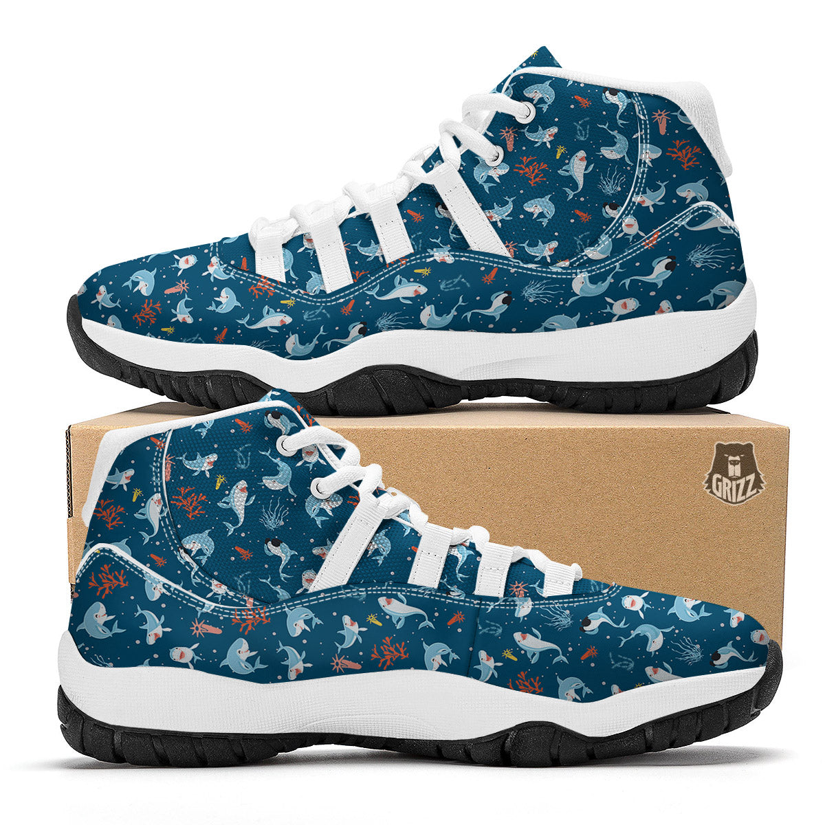 White Shark Cartoon Print Pattern White Bball Shoes-grizzshop