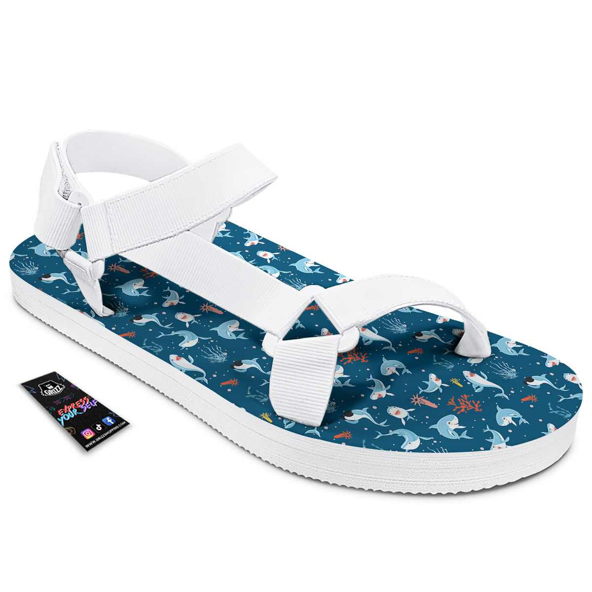 White Shark Cartoon Print Pattern White Open Toe Sandals-grizzshop
